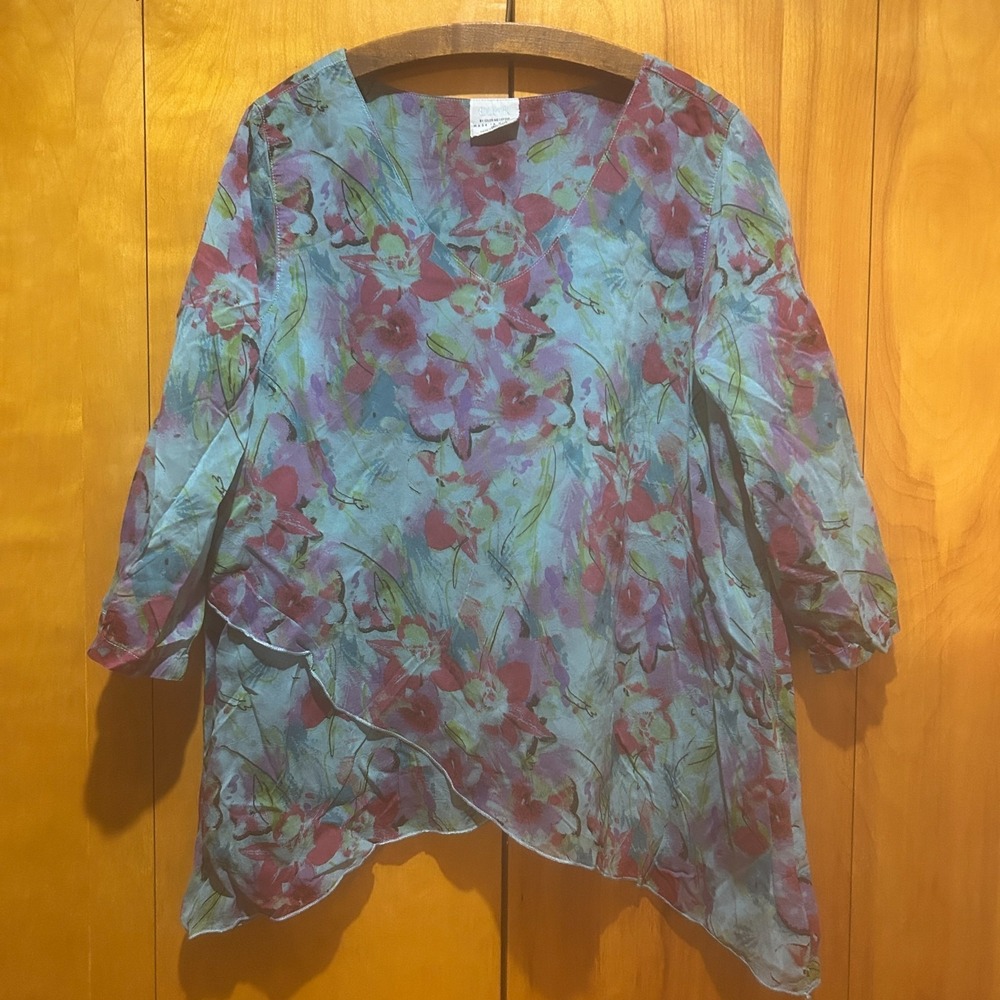Click by Color Me Cotton Blouse Size L Cotton Made in USA Blue Floral Fairy